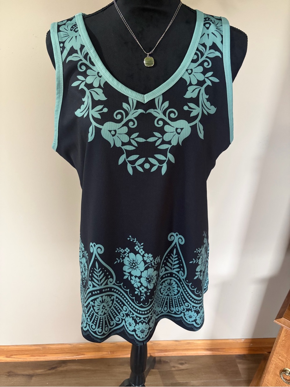 Sleeveless Black Tank with Teal Floral Print - Women Tops